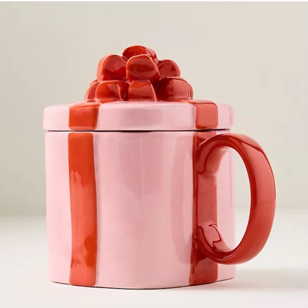 Anthropologie NWT Cadeau Present Mug w/ Removable Red Bow Lid